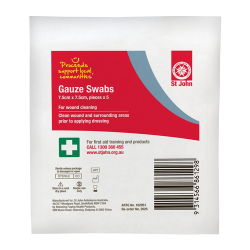ST JOHN Gauze Swabs Sterilise - 7.5cm x 7.5cm - 5 per pack #2025