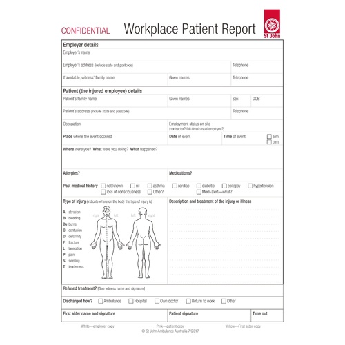 ST JOHN Workplace Patient Report A5 Forms- 10 pack (1 book) #323000