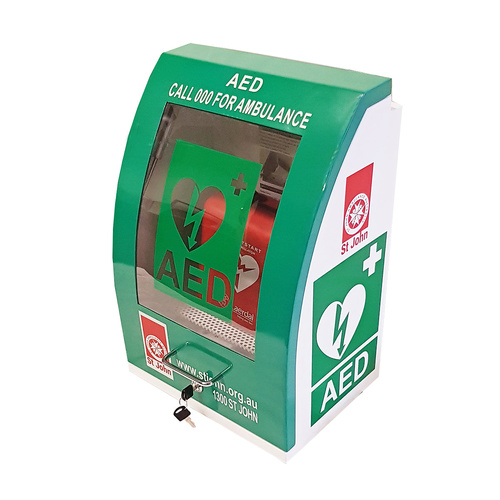 ST JOHN Defibrillator Cabinet Curved Green with Alarm #353824