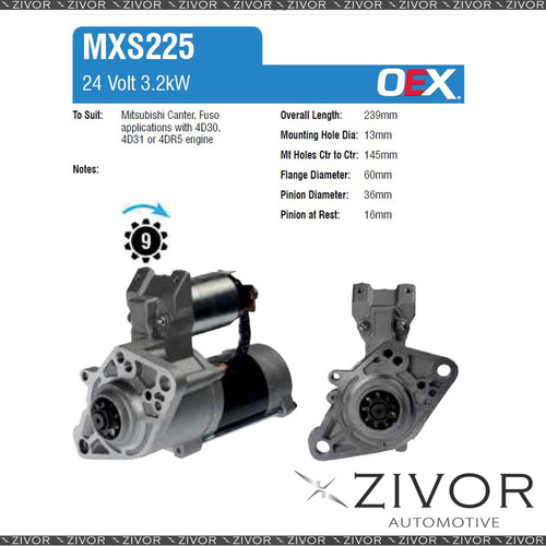 Starter Motor 24V 9Th CW Mitsubishi Style For MITSUBISHI FUSO Canter FG637W6