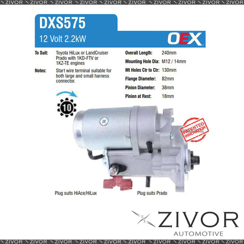 DXS575-OEX Starter Motor 12V 10Th CW Denso Style For TOYOTA HiLux, KZN165