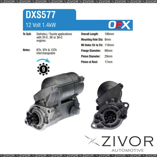 DXS577-OEX Starter Motor 12V 9Th CW Denso Style For KUBOTA Stationary Engine