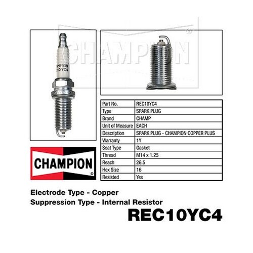 CHAMPION Performance Driven Quality Copper Plus Spark Plug For Kia #REC10YC4